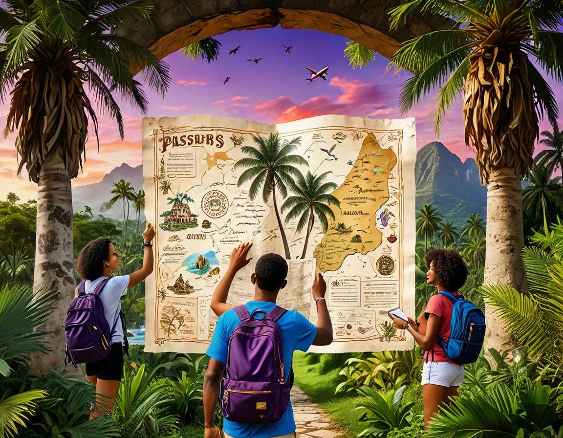 A diverse group of adventurous travelers joyfully uncovering a treasure map in an exotic locale, surrounded by lush landscapes and historic landmarks. Vibrant tags displaying 'discounts' and 'hidden deals' float around them, depicting various travel icons like planes, backpacks, and passports. The sky is painted with evening hues, adding a sense of mystery and excitement. super-realistic. vibrant colors. travel theme.