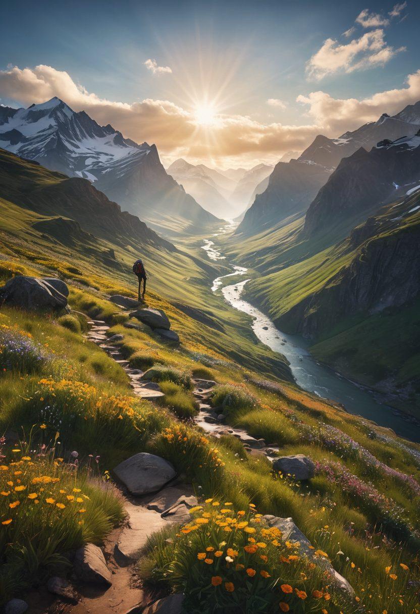 A breathtaking landscape showcasing towering mountains, lush green valleys, and a winding river, symbolizing adventure. Include a silhouette of a hiker with a backpack gazing at the horizon, surrounded by wildflowers. Vibrant colors and dynamic lighting to inspire wanderlust and exploration. super-realistic. vibrant colors. 3D.
