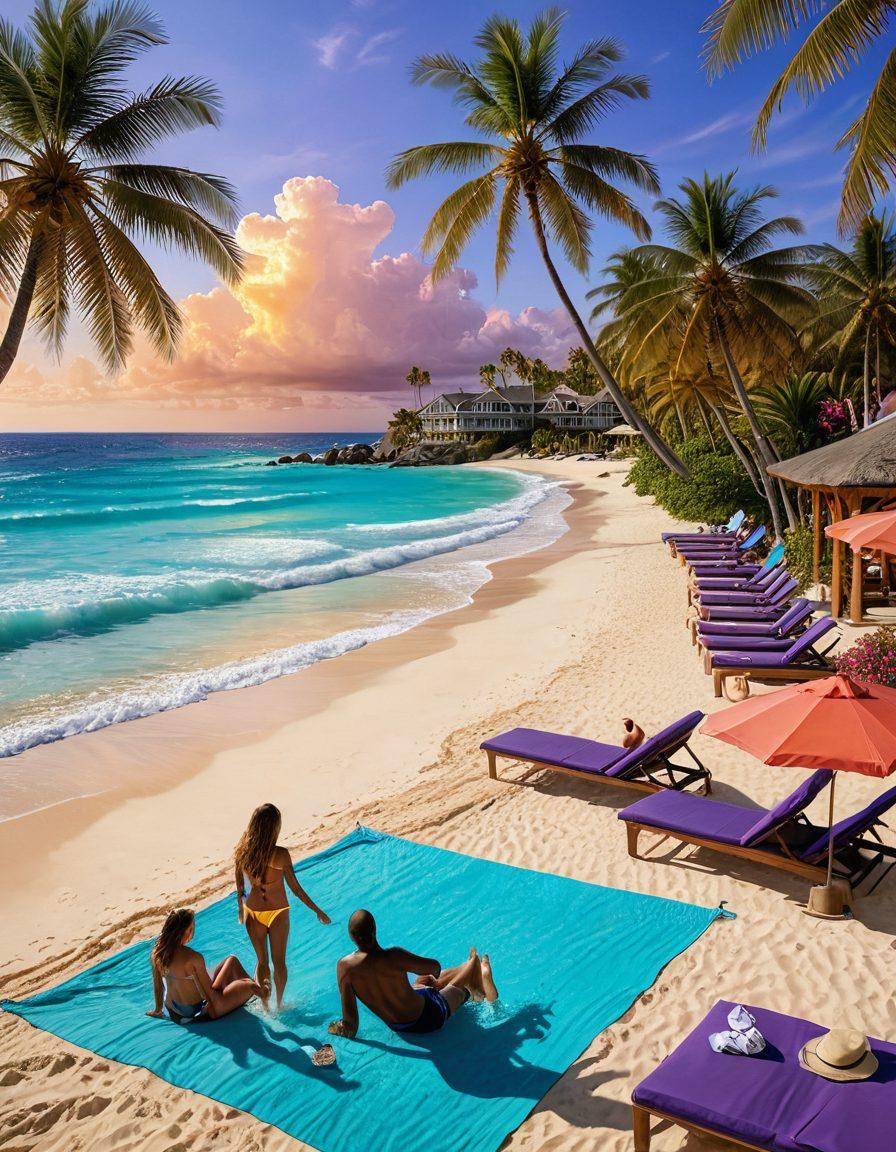 A sun-drenched tropical beach with a luxurious resort in the background featuring palm trees and cabanas, a diverse family enjoying various activities such as swimming, sunbathing, and playing games on the sand, with a stunning sunset casting a warm glow in the sky. Illustrate a blend of adventure and relaxation. super-realistic. vibrant colors. 3D.